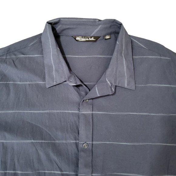 Men's Travis Matthew Button Front Subtle Stripe Navy Blue Short Sleeves Shirt - Picture 3 of 9
